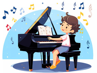 艺术教育钢琴培训班招生卡通人物男孩弹钢琴场景